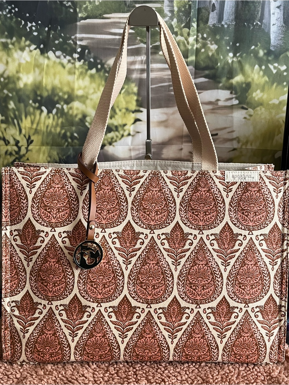 Spartina 449 Rust and Cream Patterned Tote with Leather Charm